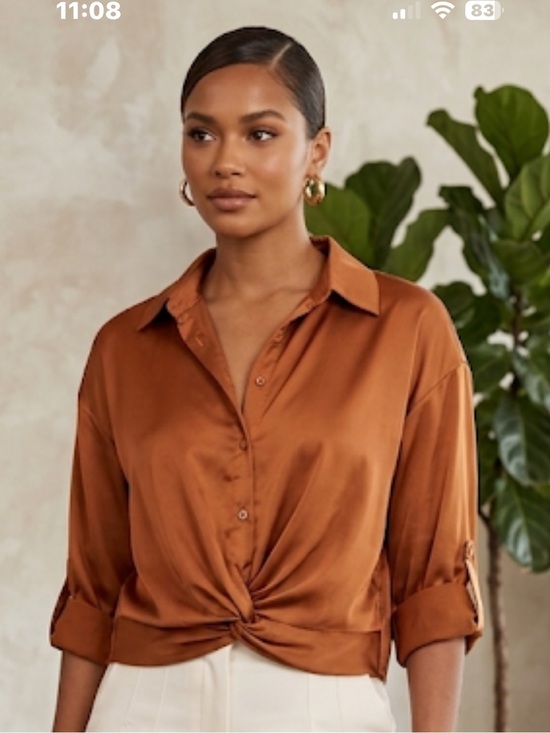 Madrag Tops - Madrag Satin Copper Blouse Women’s Size 1X Button Front Roll Tab Sleeve Top
